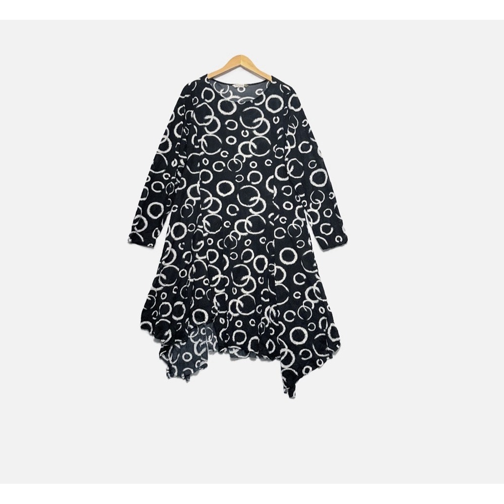 Chalet Et Ceci Midi Dress XL Lagenlook Artsy Long Slv Circle Print Asymmetric